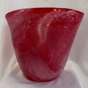 Ruby Red Art Glass Scavo Vase - 7" - Frosted Sandblasted - Murano Style - Picture 1 of 14