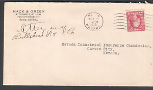 1919 cover Mack & Green attorneys at law Reno Nevada to Industrial Carson City