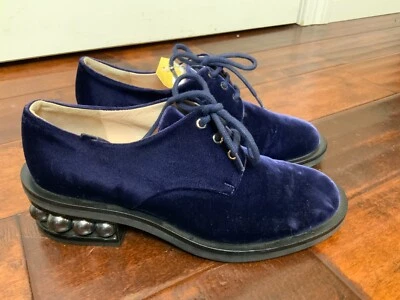 Nicholas Kirkwood Blue Velvet  Black Pearl Heel Oxford Shoes, Size 7.5 | 37.5 - Image 1 of 4