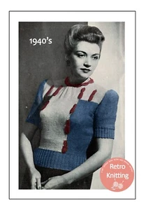 1940's Color block Sweater with Cables Knitting Pattern 34 or 36 Bust - Picture 1 of 1