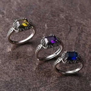 925 Sterling Silver Sapphire Yellow Purple Crystal Stone Adjustable Ring Womens - Picture 1 of 5