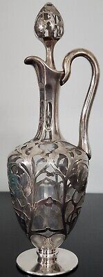 Antique Sterling Silver Overlay Glass Decanter Ewer W Stopper Rare! • 268.70$