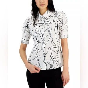 Elie Tahari Graphic Puff Sleeve Button Up Short Sleeve Top White Size Small - Picture 1 of 11