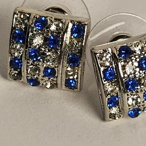 Bling iced out earrings men Blue CZ Post Square Fancy Hip Hop Style NEW 4 - Picture 1 of 4