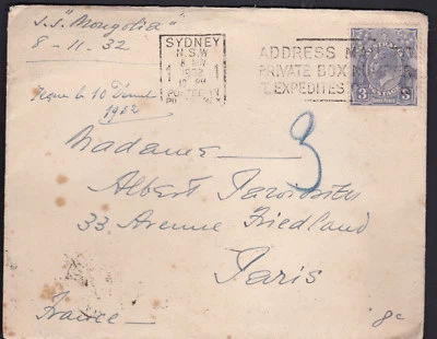 1932 Ship Liner SS MONGOLIA Australia KGV 3d Azul Postal Cubierta y Carta Francia Foto 1 de 4