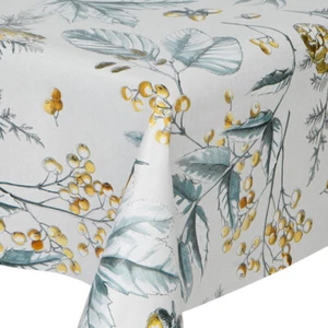 PVC TABLE CLOTH RUSTIC BERRIES YELLOW ACORN STEM LEAVES GOLD GREY XMAS VINYL - Picture 1 of 1