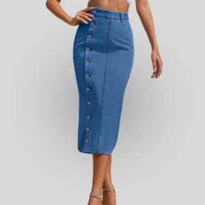 Women denim blue jean maxi skirt long side buttoned skirt size small - Picture 1 of 3