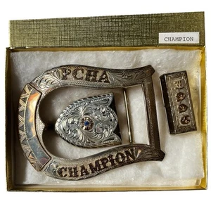 Vintage 1996 Kathy's Sterling Overlay PCHA Trophy Buckle Set End Tip Loop Blue - Picture 1 of 7