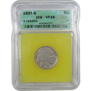 1937 D 3 Legs Indian Head Buffalo Nickel VF 35 ICG 5c Coin SKU:I19609 - Picture 1 of 4