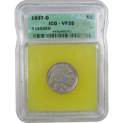 1937 D 3 Legs Indian Head Buffalo Nickel VF 35 ICG 5c Coin SKU:I19609 - Image 1 of 4