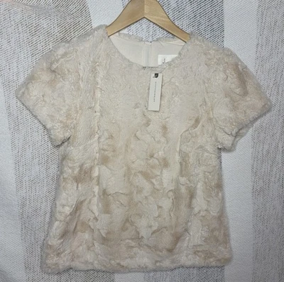 Anthropologie Maeve Cream Faux Fur Top Blouse Zipper Soft Short Sleeve Size XXS  - Image 1 of 4