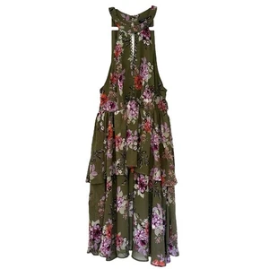 Torrid Women's Olive Floral Chiffon Ruffle High Neck Sleeveless Dress Sz 0(12) - Picture 1 of 9