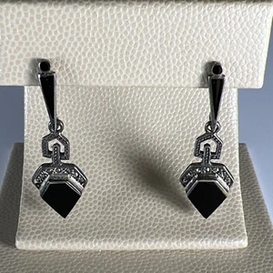 Vintage Sterling Silver Art Deco Onyx Marcasite Earrings - Picture 1 of 10