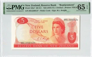 NEW ZEALAND 5 Dollars 1975-77, P-165c* REPLACEMENT, Knight, PMG 65 EPQ Gem UNC - Picture 1 of 2