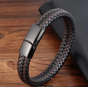 Mens Braided Wristband PU Leather Bracelet Bangle Wrap Size 22cm/8.6"Brown Black - Picture 1 of 3