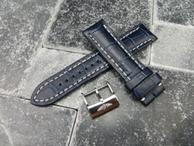 New 24mm Leather Strap Blue Watch Band with OEM BREITLING Tang Buckle White I - Image 1 of 4