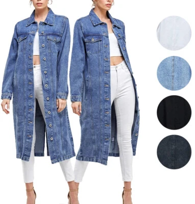 Women's Long Casual Maxi Length Denim Cotton Coat Oversize Button Up Jean Jacket - Image 1 of 2