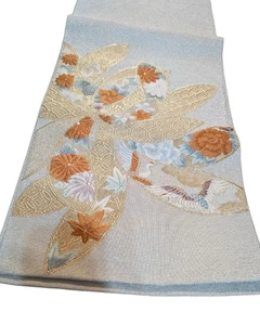 Nagoya Obi – Lightweight, Coreless, Silver Cream with Gold Embroidered Floral Mo - Picture 1 of 4
