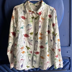 Button Up Blouse Dinosaurs Abducted By Aliens Size L White - Picture 1 of 4