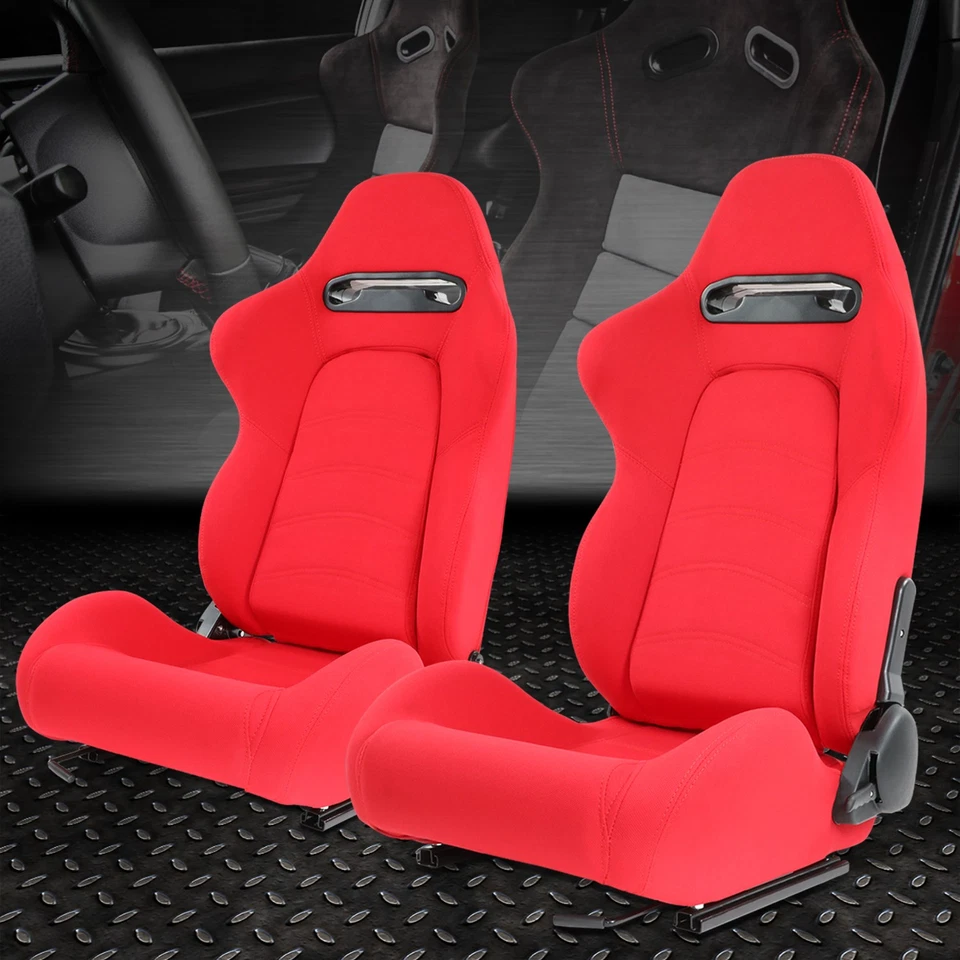 Pair Universal Red Woven Fabric Reclinable Racing Seats w/ Bottom Mount Sliders Foto 1 de 4