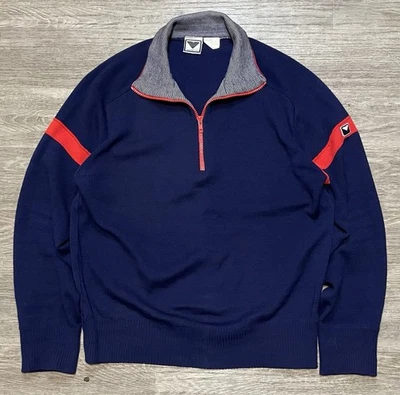 Suéter Pullover Obermeyer Para Hombre Azul Mezcla Lana 1/4 Cremallera Talla Grande Rojo Raro Foto 1 de 4