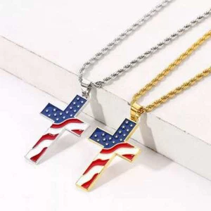 American Flag Patriotic Cross Enamel Pendant Necklace - Picture 1 of 7