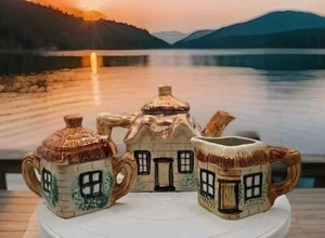 Cottage House Teapot Creamer Sugar Vintage 3 Piece Tea Set Made in Japan - Picture 1 of 13