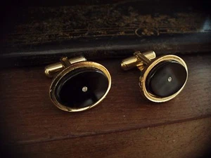 Vintage Oval Gold Jet Black & Crystal Cuff links, Great Quality - Picture 1 of 9