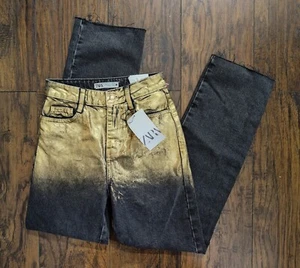 Zara Women's Black/Gold Painted Raw Hem Straight Ankle Jeans Size 0. Waist:24in - Picture 1 of 2