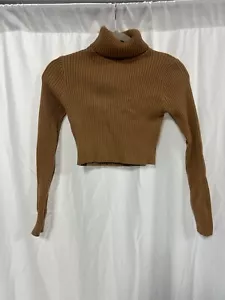 Daisy Cropped Turtleneck Sweater Ribbed Long Sleeve Brown Tan Womens Size Small - Picture 1 of 3
