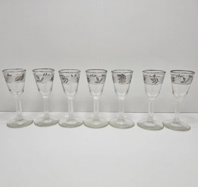 7 Vintage Libbey Stemmed Silver Leaf Frosted Cordial Glasses 4.5" 1.25oz - Image 1 of 4