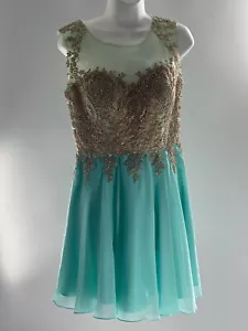 GLS Homecoming Festliches Kleid Ärmellos Brautjungfer Türkis Shear Nude Pailletten Perlen M - Bild 1 von 9