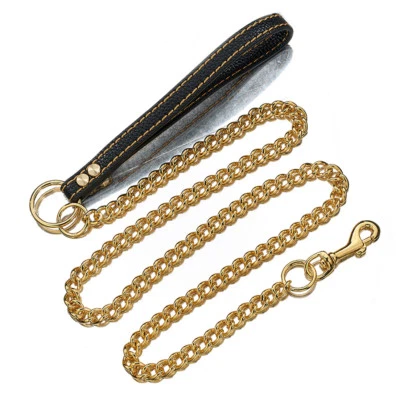 Strong 18K Gold Stainless Steel Curb Chain Pet Lead Leash With Leather Handle - Image 1 of 4