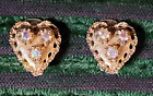 Vintage HEART with Aurora Borealis Crystals on Gold Tone Metal Clip Earrings