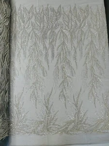 Leaf Pattern Beads Fabric - Silver Embroidered Bead Bridal Fabric By Yard - Picture 1 of 4
