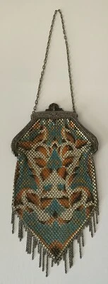 Cartera Antigue Art Deco Mandalian MFG Co. verde azulado naranja bronceado esmalte malla aleta TLC Foto 1 de 4