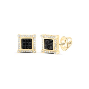 10K Yellow Gold Black White Diamond Earrings Men's Square Halo 1/4 Ctww - Picture 1 of 2