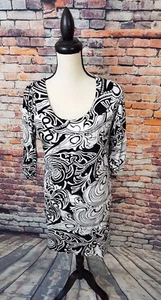 Neu mit Etikett $ 240 BCBGMAXAZRIA 3/4-Ärmel schwarz weiß Swirl Viskose Stretch Freizeitkleid XS - Bild 1 von 9