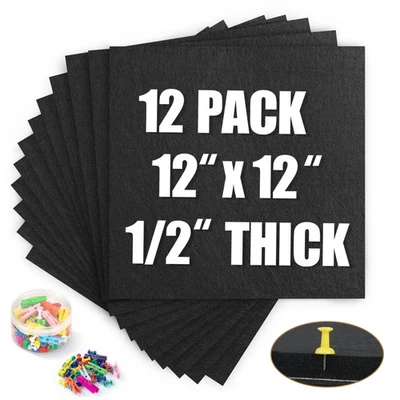 Black Cork Bulletin Board 12x12, 1/2 Thick Felt Cork Board Tiles 12 Pack, Sma... - Image 1 of 4