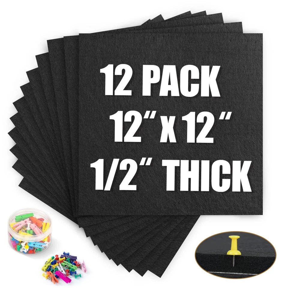 Black Cork Bulletin Board 12x12, 1/2 Thick Felt Cork Board Tiles 12 Pack, Sma... - Image 1 of 4