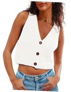 Womens Cropped Sweater Vest V Neck Button Down Y2k Crop Knit Summer Trendy - Picture 1 of 6