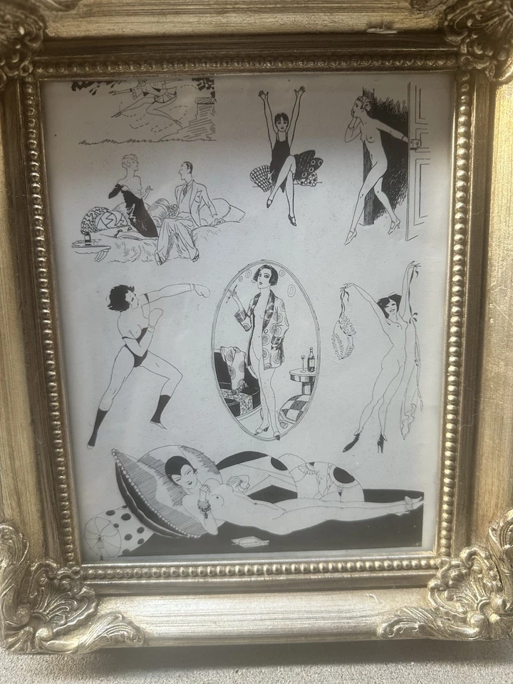 Vintage French Noir Illustration Print Framed Gold Art Deco Erotic Style Drawing - Image 1 of 4
