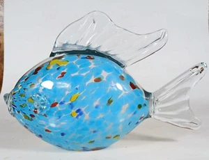 Blown Glass Murano Style Art Glass Fish Half Colored Half Clear 12" Heavy - Picture 1 of 7