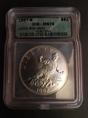 1997-S JACKIE ROBINSON ICG MS70 Silver Dollar $1 - EXTREMELY RARE GRADE!!! - Image 1 of 2
