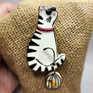 Carolyn Edlund Ceramic Cat Brooch Birdcage Dangle Kitty Lover Gift Coquette Pin - Picture 1 of 9