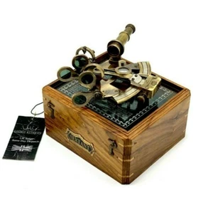 Antique Brass Pocket Sextant in Vintage Wooden Box - Nautical Marine Navigation - Picture 1 of 12