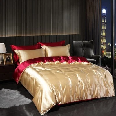 Luxury Satin Bedding Set Flat Sheet Duvet Cover Pillowcases Home Textiles - Image 1 of 4