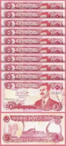 Iraq 5 Dinars 1992, UNC, 10 Pcs LOT, P-80, With Saddam Hussein - Picture 1 of 5