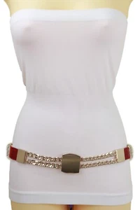 Women Red Color Elastic Waistband Hot Belt Gold Metal Square Buckle Fit Size S M - Picture 1 of 24