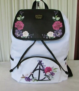Harry Potter Loungefly Deathly Hallows Backpack Slouch Floral School Travel NWT - Picture 1 of 12
